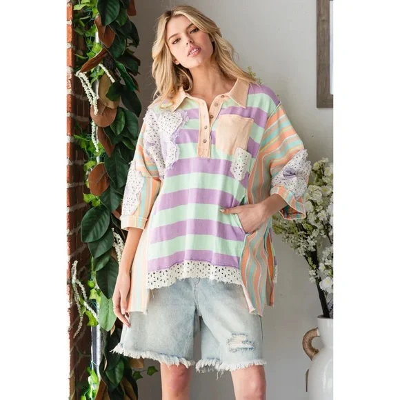 Oli & Hali Mixed Striped Flower Patched Oversized Polo in Orange Mint